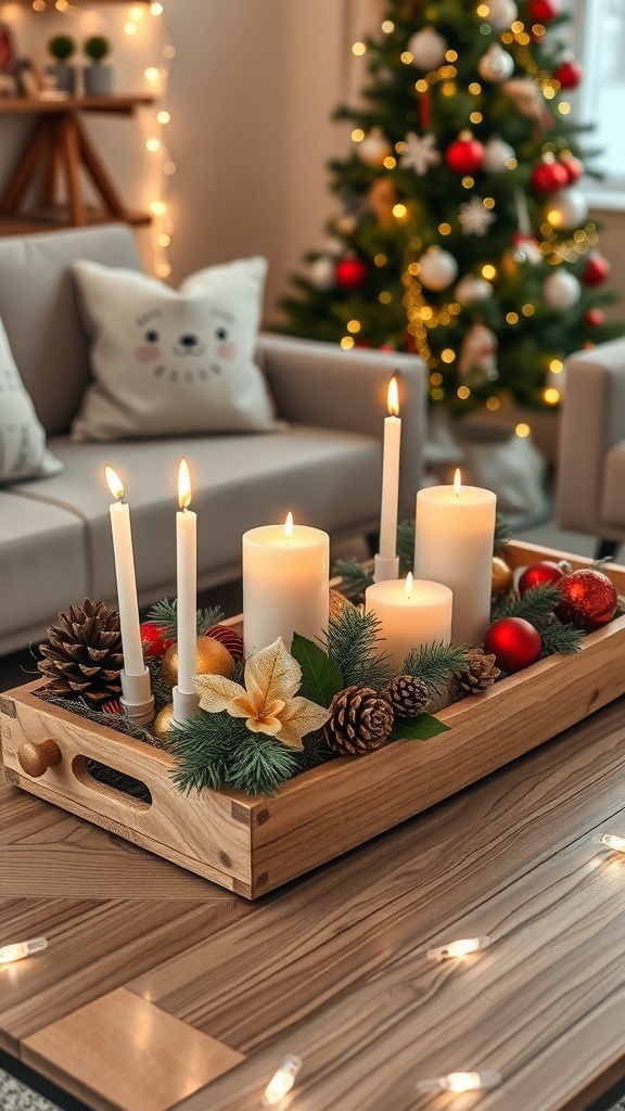 A festive coffee table with a decorative tray of candles, ornaments, and pinecones, set in a cozy living room.